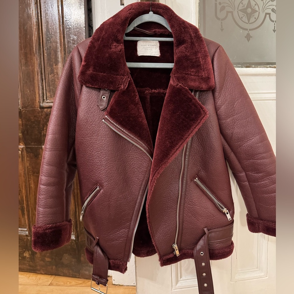 Zara biker jacket burgundy faux fur